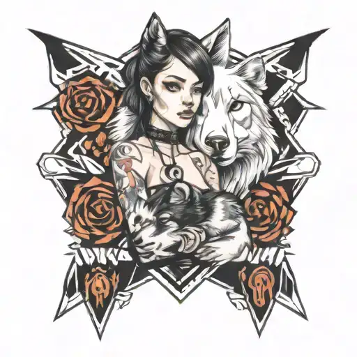 Cyber Girl With Wolf Tattoo Simple Black And White