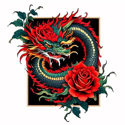 Roses And Chinese Dragon Black And Red
