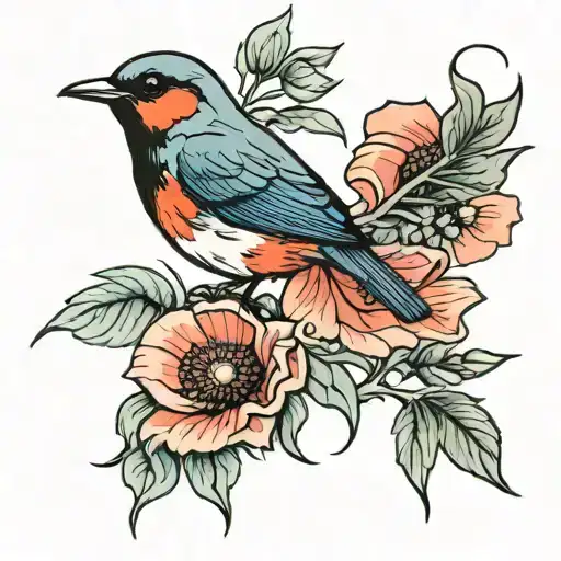 Poppy Flower And Robin Bird