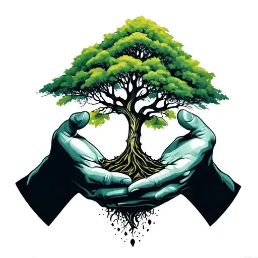 Two Hands Holding A Tree Growing Black And White