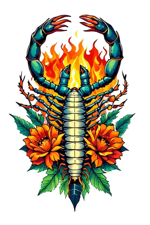 Scorpian Rising From The Ashes With Flowers And Leaves