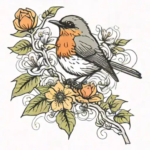 Robin Bird And Flowers With Orange Background And Outlines