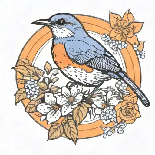 Blue Robin Bird And Flowers In Front Of Orange Circle