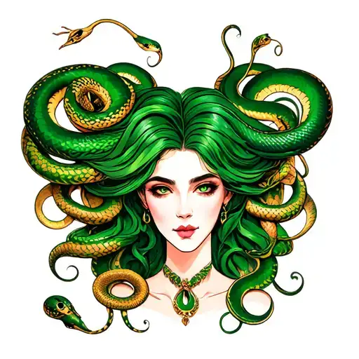 Prett Faced Lady With Green And Gold Snakes For Hair