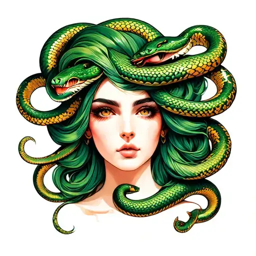 Prett Faced Lady With Green And Gold Snakes For Hair