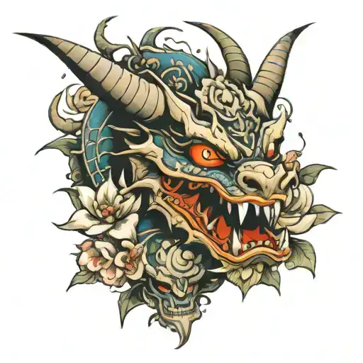 Dragon With Oni Mask And Flowers