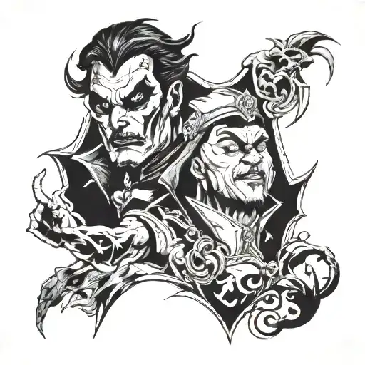 A Tattoo In The Very Dark Black And White Style Of The Villain From Dc Universe And Marvel Mix