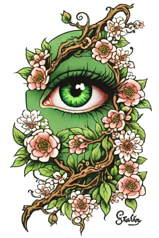 Green Womens Eyes With Blossom Tree