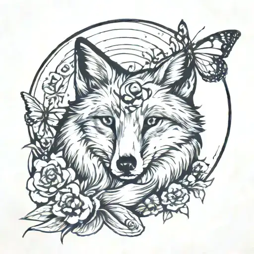 A Fox Looking At The Moon With A Butterfly