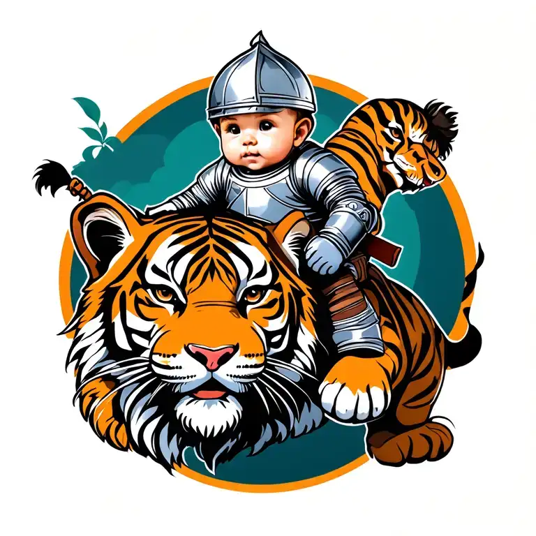 A Baby Knight Riding A Tiger