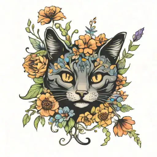 Cat Laying In A Field Of Colorful Flowers