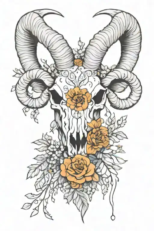 Ram Skull With Wild Flowers Intertwined