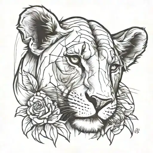 Lioness Cuddles Elephant Tattoo Sketch For