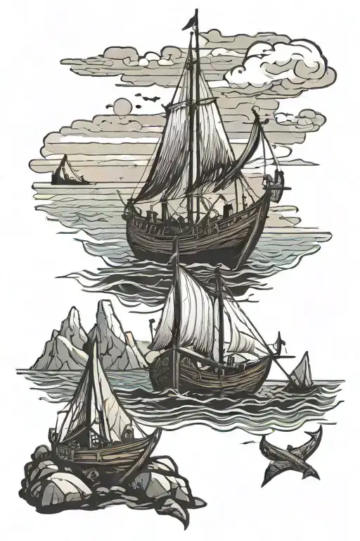 A Campsite By The Ocean With A Viking Longship In The Background