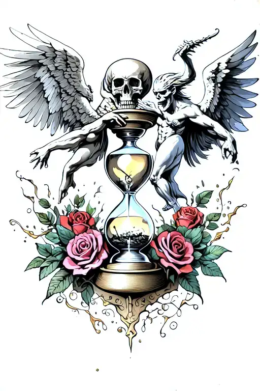 Angel Vs Demon Fighting Around A Broken Hourglass With A Skull And Roses Inside