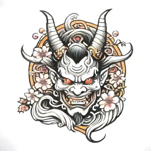 Oni With Cherry Blossoms And Water Waves