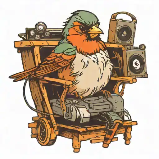 Robin Redbreast With Earphones On In Front Of Dj Decks Sat On A Rocking Chair