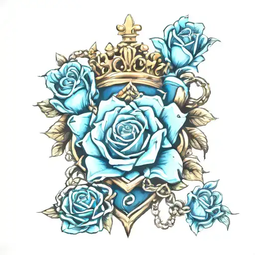 Blue Roses And Crown Locked With Chains