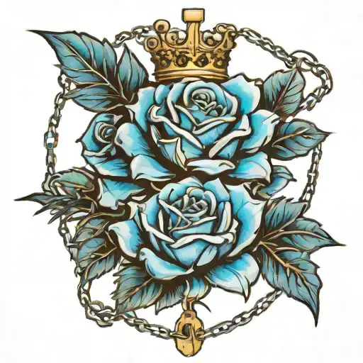 Blue Roses With Spines And Crown Locked With A Lock And Chains