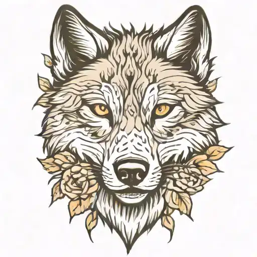 Lone Wolf Face Front Floral Background Colored