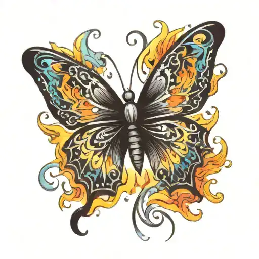 A Traditional Style Tattoo Of A Black Butterfly With Colorful Flames In The Background