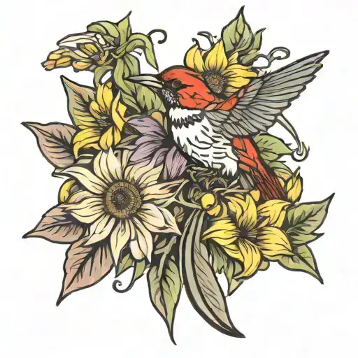 Sunflower Lily Hummingbird Cardinal Perched