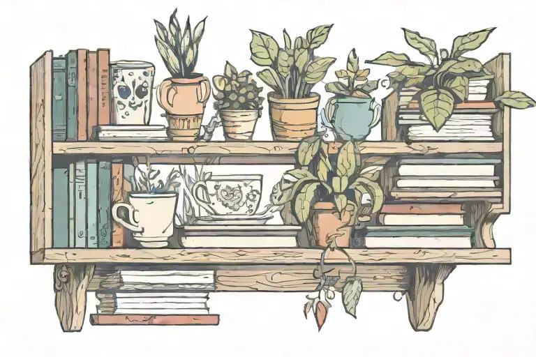 Wooden Shelf With Whimsical Books Plants Coffee Mug