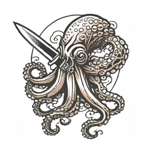 An Octopus And A Japanese Knife On The Forearm