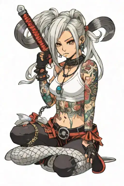 Tattooed Anime Girl In A T-shirt Fishnet Tights With Samurai Sword And Choker Necklace