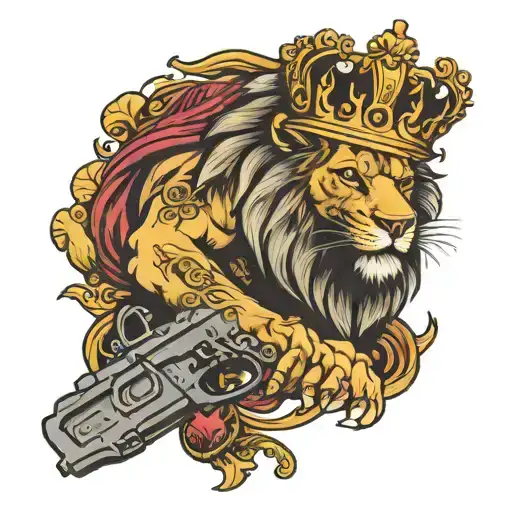 Lion With Crown Holding Handgun And Money In The Hands