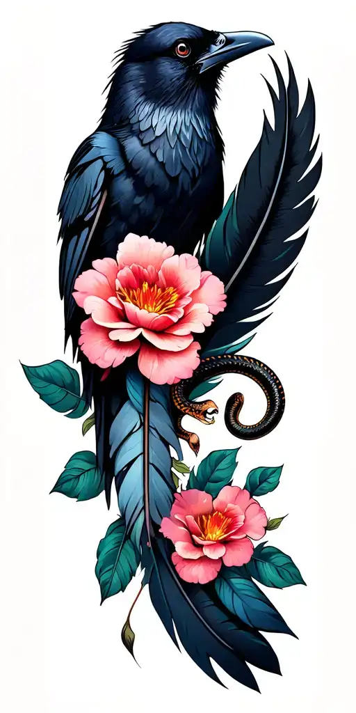 Floral Sleeve With Raven Feather And Small Snake