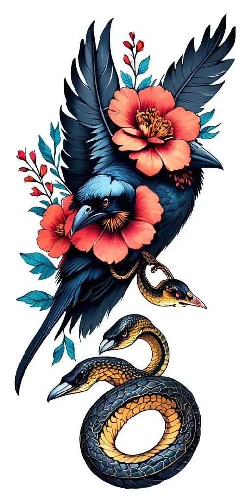 Floral Sleeve With Raven Feather And Small Snake No Color