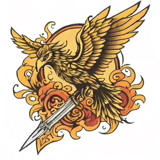 Pheonix Bird Flying Rapped Around A Sword