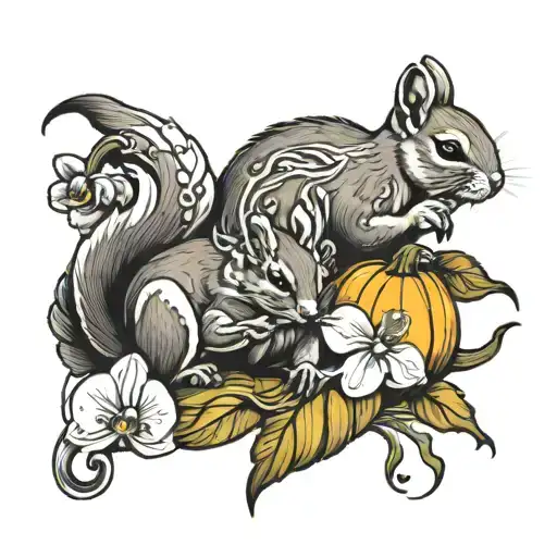 Orchids Behind Squirrel With Pumpkin