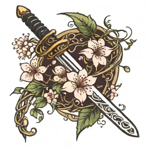 Sword With Cherry Blossoms And Vines Growing On It
