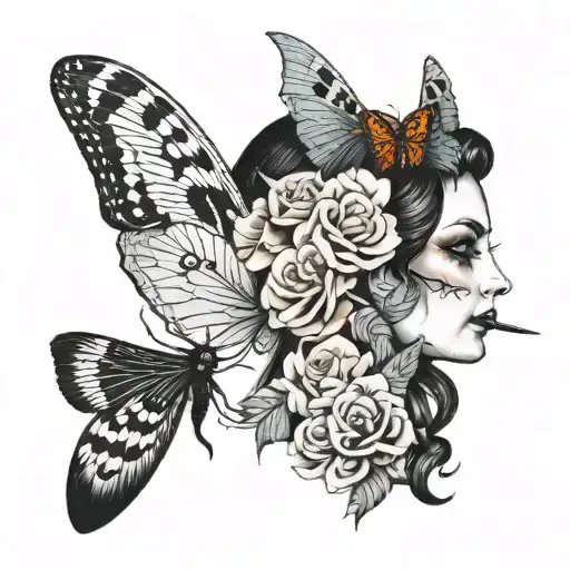 Moth And Lady Profile Face