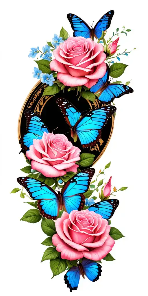 Pink Roses And Blue Butterflies Surrounding