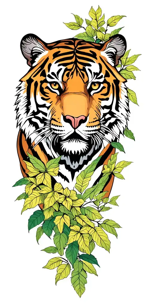 Tiger Face Surrounded By Bushes Varying Shades