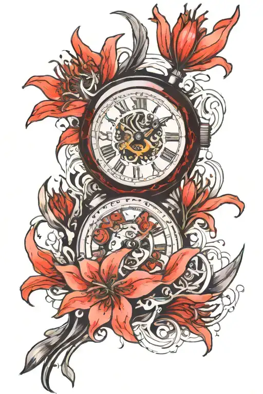 Broken Old Watch And Red Lycoris Radiata