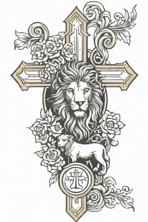 Christian Cross With Lion And Lamb