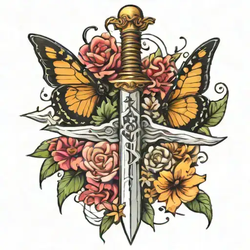 A Spine Tattoo Of A Sword With Flower S Around It And Butterflies