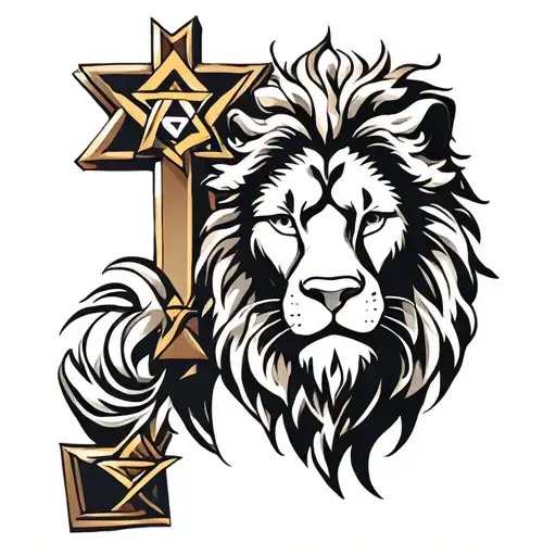 Lion Of Judah With 6 Pointed Star Of David And The Cross