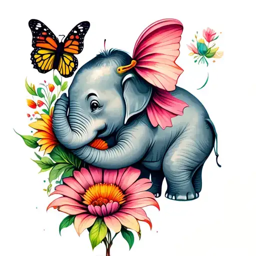 Baby Elephant Holding Flower In Trunk With A Butterfly Sitting On Flower
