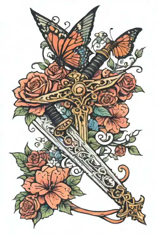 Sword With Flowers And Butterflies Flying