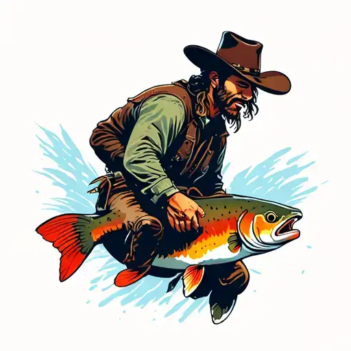 Cowboy Riding A Cutthroat Trout Jumping