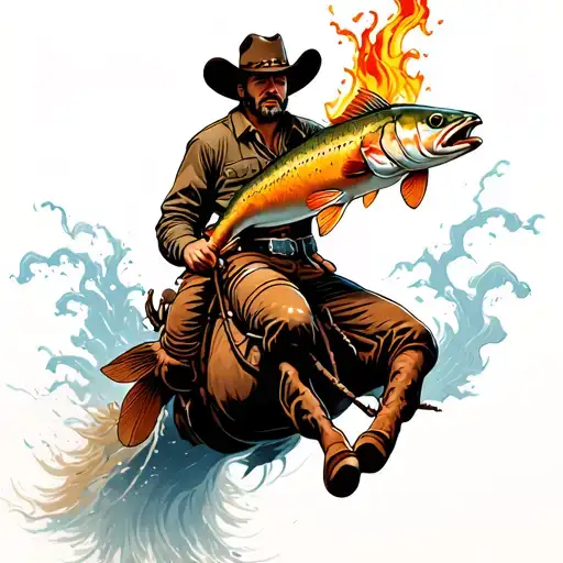 Cowboy Riding A Cutthroat Trout Jumping