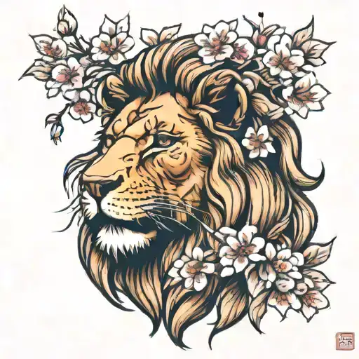 Lion Head With Cherry Blossoms