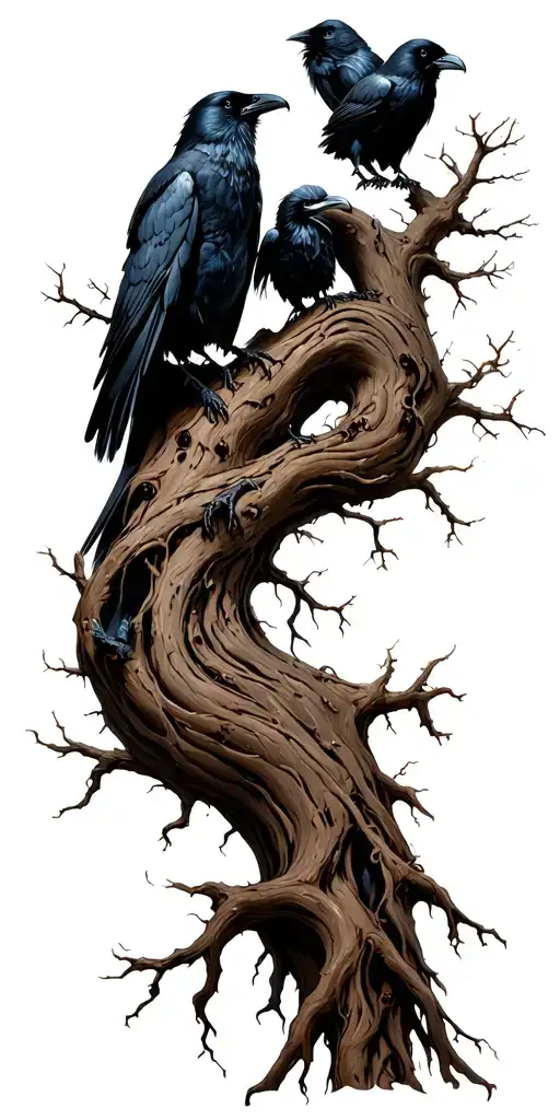 Gnarled Twisted Tree With Ravens Sitting In The Branches