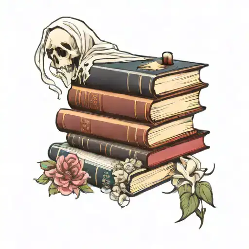 Stack Of Books Surrounded By Flowers With Ghost Reading Book On Top
