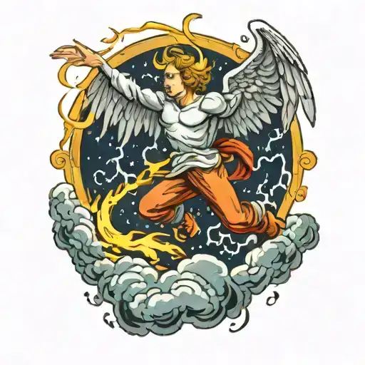 Angel Falling From The Sky With Lightning Passing Through Him Surrounded By Clouds